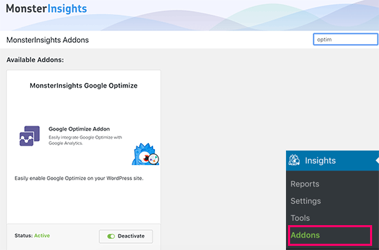 Google Optimize addon untuk MonsterInsights
