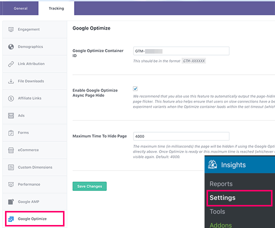 Pengaturan Google Optimize di MonsterInsights