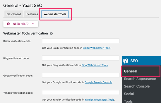 Memverifikasi alat webmaster di Yoast SEO