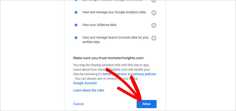 Izinkan MonsterInsights terhubung dengan Google Analytics