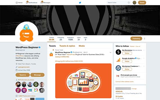 Halaman profil Twitter menampilkan foto sampul, gambar profil, dan berbagi gambar