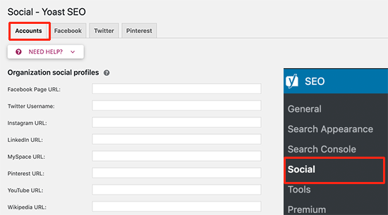 Tambahkan profil media sosial Anda di pengaturan SEO Yoast