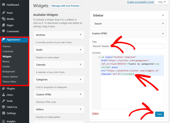 Tempel Kode Embed Profil Twitter di widget HTML Khusus