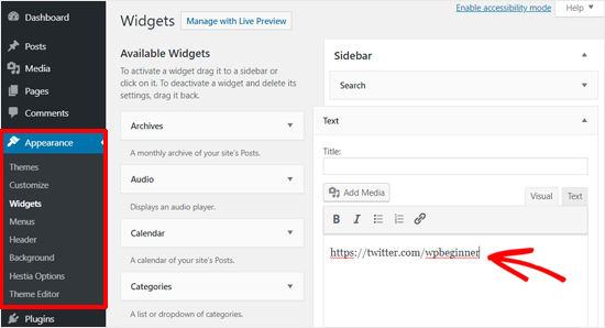 Rekatkan URL Profil Twitter ke widget teks WordPress