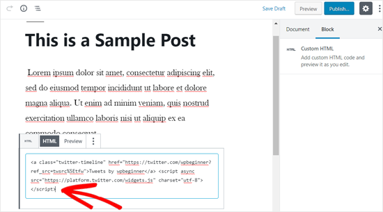 Tempel kode Embed profil Twitter di Blok HTML Khusus