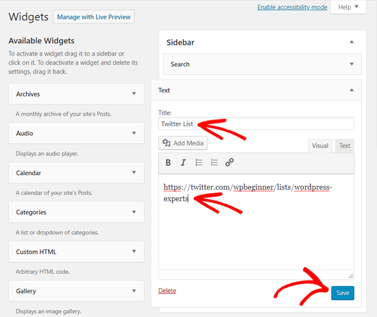 Tambahkan Daftar Twitter di Widget Teks WordPress