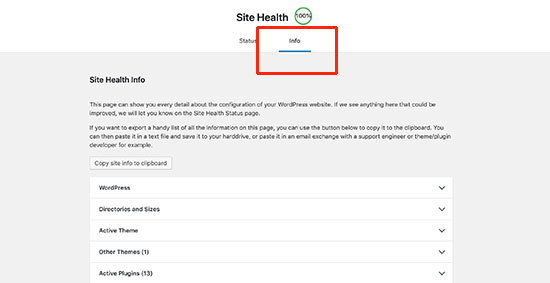 Informasi debug kesehatan situs