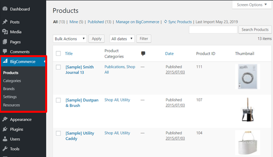 Contoh Produk BigCommerce di dashboard WordPress