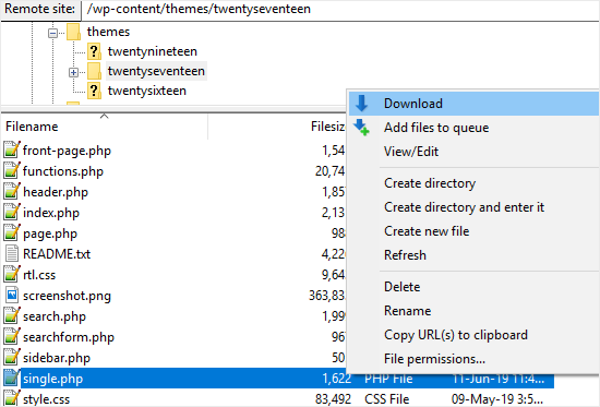 Unduh file single.php menggunakan FTP