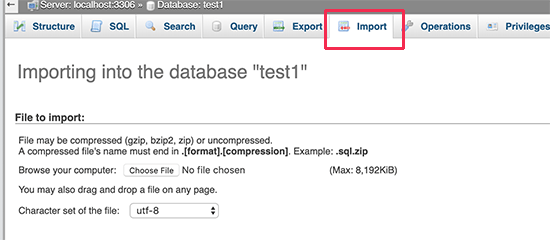 Impor basis data melalui phpMyAdmin