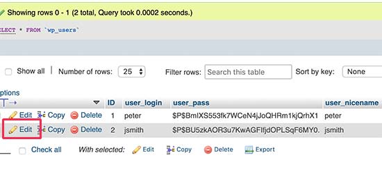 Edit data pengguna melalui phpMyadmin