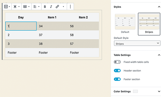 Blok tabel baru di WordPress 5.3