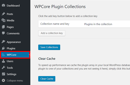 Pengaturan Plugin Manajer WPCore Plugin