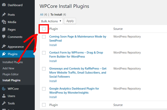 Pilih Semua Plugin untuk Menginstal Massal di WordPress dengan WPCore