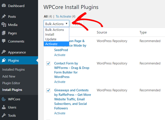 Aktifkan Plugin dalam Massal dengan WPCore