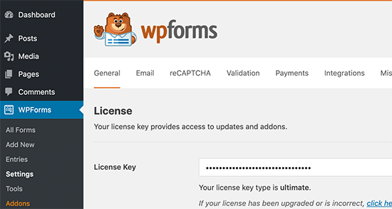 Tambahkan kunci lisensi WPForms