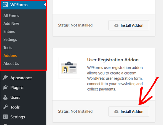 Instal Addon Registrasi Pengguna WPForms