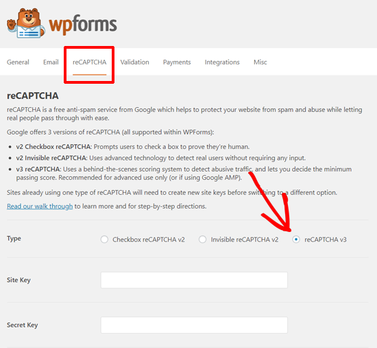 Pengaturan WPForms reCAPTCHA - Pilih V3