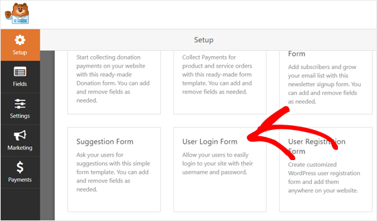 Pilih Formulir Login Pengguna Template WPForms