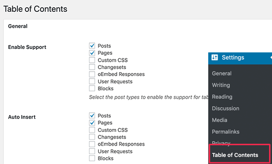 Pengaturan plugin Easy Table of Contents