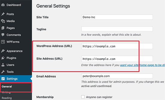 Ubah URL situs WordPress di area admin