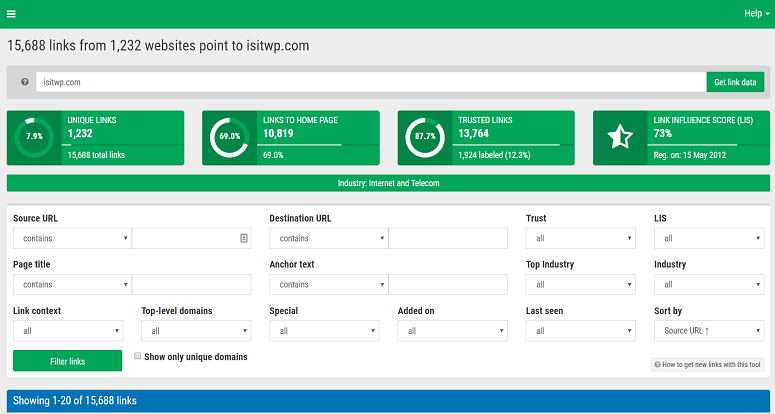 openlinkprofiler "width =" 775 "height =" 414 "class =" sejajarkan ukuran-penuh wp-image-238583 "srcset =" https://www.isitwp.com/wp-content/uploads/2019/10/openlinkprofiler- 1.png 775w, https://www.isitwp.com/wp-content/uploads/2019/10/openlinkprofiler-1-300x160.png 300w, https://www.isitwp.com/wp-content/uploads/ 2019/10 / openlinkprofiler-1-768x410.png 768w "ukuran =" (maks-lebar: 775px) 100vw, 775px "/></p>
<p>Untuk mendapatkan laporan yang lebih tepat, Anda dapat memfilter pencarian Anda berdasarkan berbagai parameter. Satu hal yang layak disebutkan tentang alat ini adalah ia bahkan memungkinkan Anda melacak usia tautan dan konteks tautan. Secara keseluruhan, ini adalah alat yang hebat untuk melacak backlink. </p>
<p>Ini adalah beberapa alat pemeriksa backlink yang paling populer dan direkomendasikan oleh para ahli yang dapat Anda coba untuk menganalisis profil tautan Anda. Kami harap artikel ini bermanfaat bagi Anda. Jika Anda melakukannya, Anda mungkin juga ingin membaca tentang <a href=