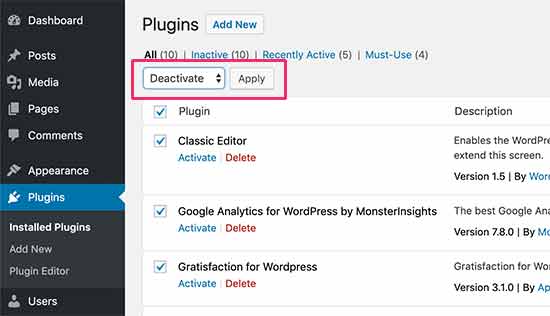 Nonaktifkan semua plugin WordPress