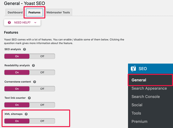 Opsi XML Sitemap di Yoast SEO