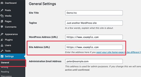 Salin alamat situs Anda dari halaman pengaturan WordPress