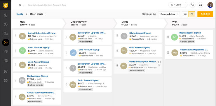 freshsales-crm-dashboard "width =" 740 "height =" 366 "class =" alignnone ukuran-penuh wp-image-232907 "srcset =" https://www.isitwp.com/wp-content/uploads/2019/ 04 / freshsales-crm-dashboard.jpg 740w, https://www.isitwp.com/wp-content/uploads/2019/04/freshsales-crm-dashboard-300x148.jpg 300w "ukuran =" (lebar max: 740px) 100vw, 740px "/></p>
<p>Beberapa fitur menonjol lainnya termasuk skor timbal, pengayaan profil otomatis, penetapan pemimpin otomatis, <a href=