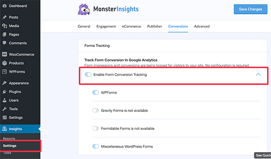 MonsterInsights membentuk pelacakan konversi