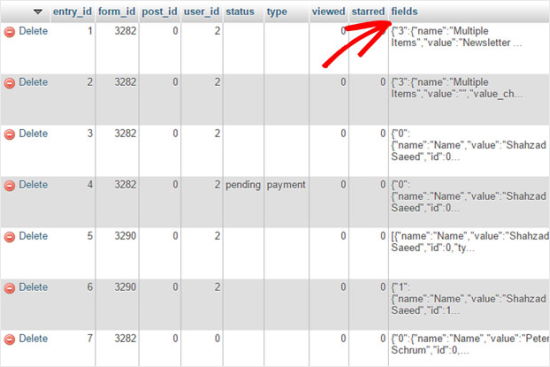 Formulir Kontak Bidang Data di Database WordPress Tampilan phpMyAdmin