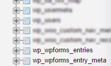 Tabel wp_wpforms_entries dan wp_wpforms_entry_meta ditampilkan dalam daftar phpMyAdmin