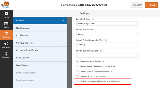 Nonaktifkan Entri Penyimpanan di WPForms