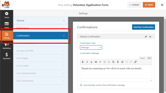 Melihat dan mengedit pesan konfirmasi formulir