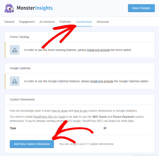 Tambahkan dimensi khusus baru (di bawah tab Konversi MonsterInsights)