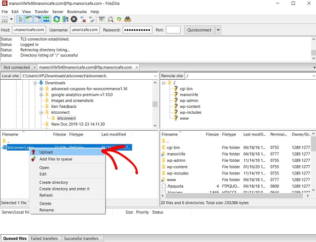 Unggah kitconnect ke filezilla