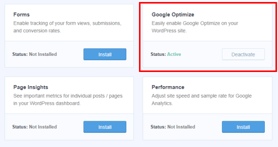 Menginstal addon MonsterInsights Google Optimize