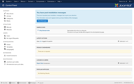 Dasbor Joomla setelah instalasi baru