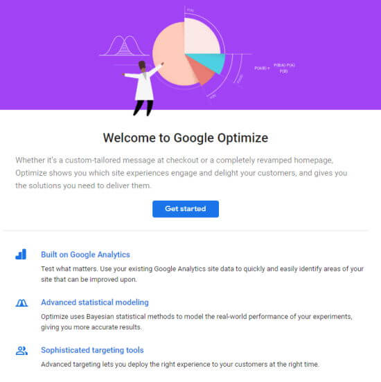 Halaman Selamat Datang untuk Google Optimize, dengan tombol Memulai