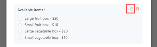 Salin bidang 'Item yang Tersedia' untuk membuat bidang baru pada formulir pesanan Anda