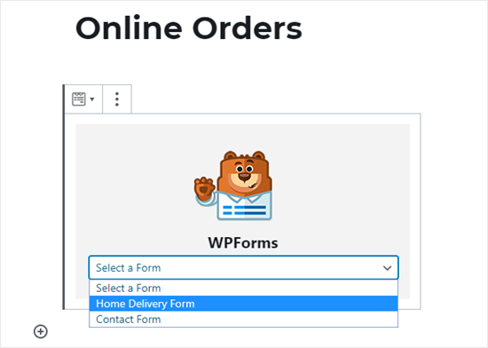 Memilih formulir pemesanan online Anda dari daftar dropdown WPForms