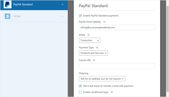 Halaman pengaturan pembayaran PayPal untuk formulir Anda