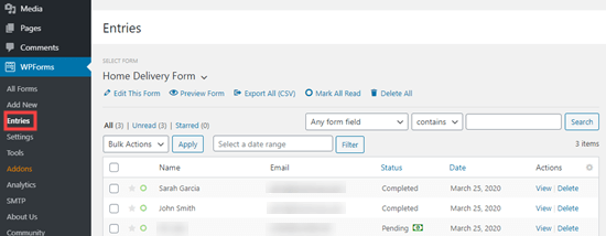 Melihat formulir pemesanan yang sudah selesai di dasbor WordPress Anda