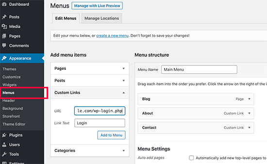 Tambahkan tautan ke halaman login di menu navigasi