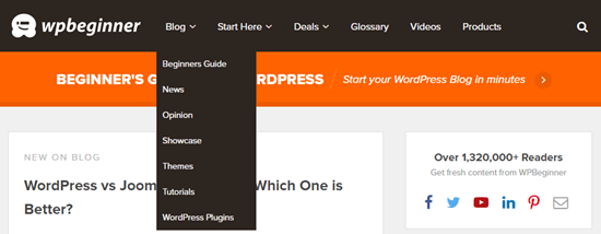 Menu WPBeginner menampilkan drop-down kategori