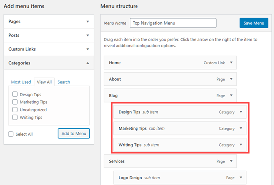 Menempatkan kategori di bawah item menu 'Blog'