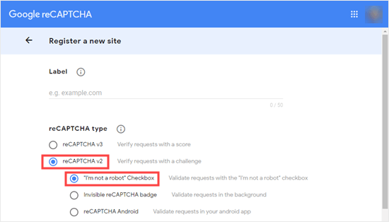 Memilih kotak centang 'reCAPTCHA v2' dan 'Saya bukan robot'