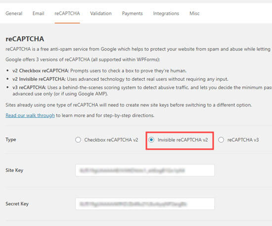 Memilih opsi reCAPTCHA yang tidak terlihat di WPForms