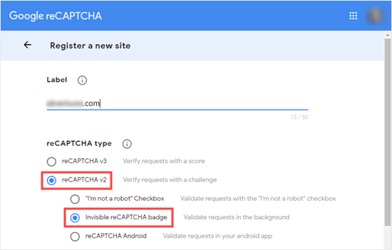 Memilih opsi reCAPTCHA yang tidak terlihat di panel admin Google